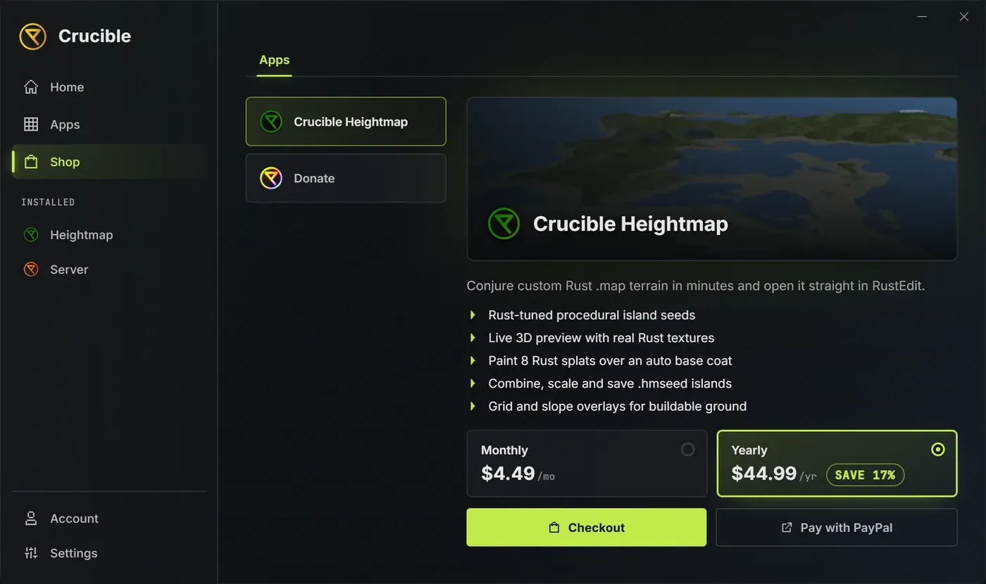 The Crucible launcher Shop tab showing Crucible Heightmap in the product rail, its banner and feature list, and the Monthly 4.49 dollars per month and Yearly 44.99 dollars per year plan options with Save 17 percent on the preselected yearly plan, above a Checkout button