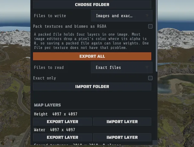 The LAYER FILES window over a generated map: CHOOSE FOLDER, the Files to write choice, EXPORT ALL, IMPORT FOLDER and one row per layer with its size, EXPORT LAYER and IMPORT LAYER