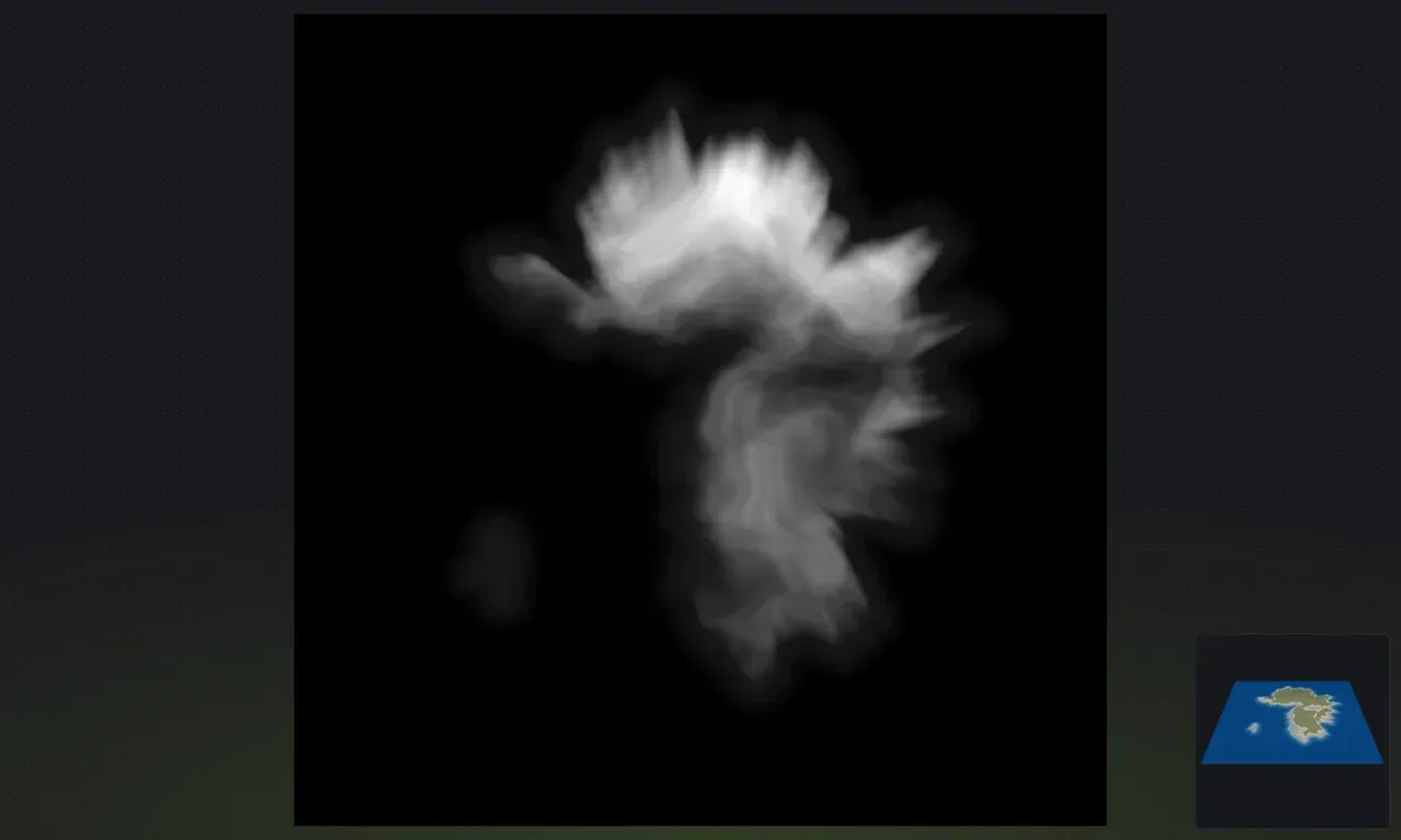 The flat 2D heightmap view in Crucible Heightmap, a 16-bit grayscale image where brighter pixels are higher elevation