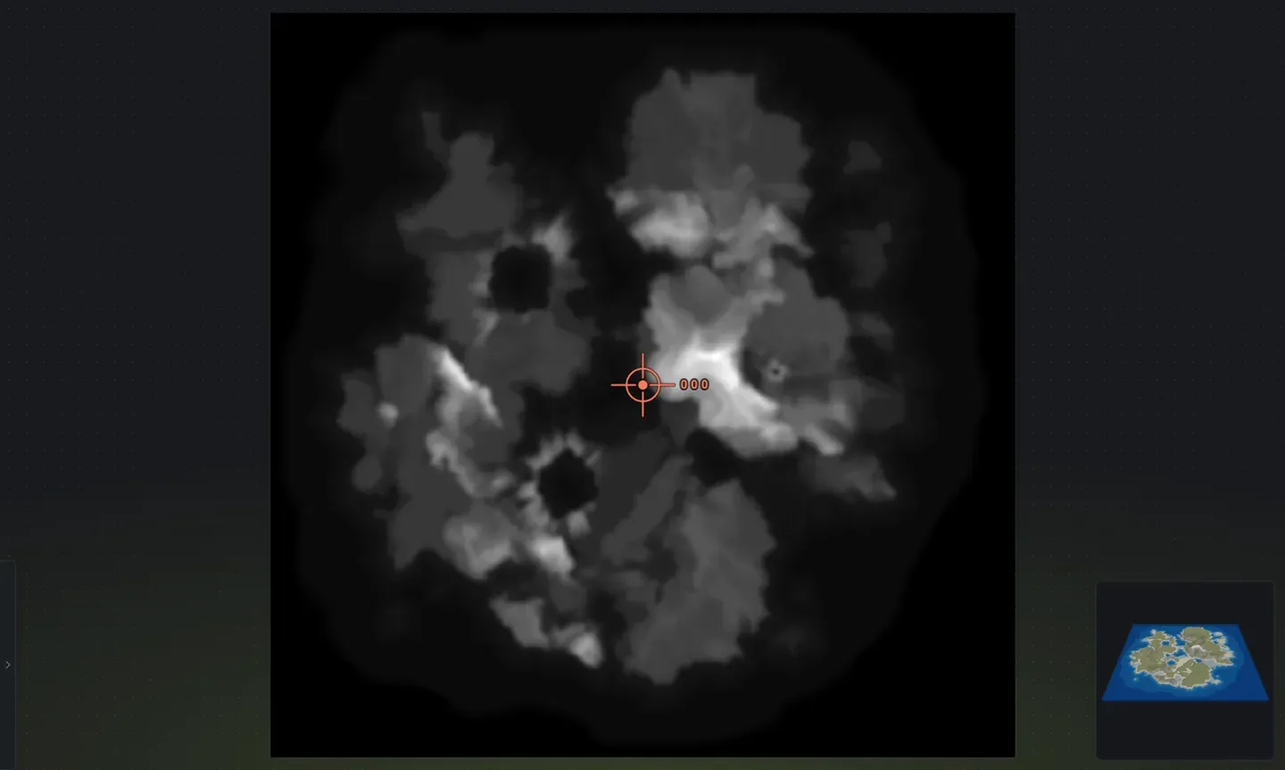 The flat 2D heightmap view in Crucible Heightmap, a 16-bit grayscale image where brighter pixels are higher elevation