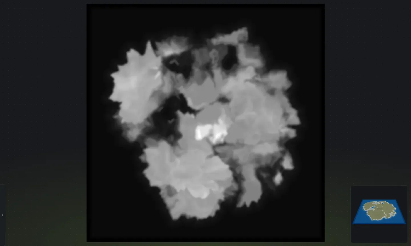 The flat 2D heightmap view in Crucible Heightmap, a 16-bit grayscale image where brighter pixels are higher elevation