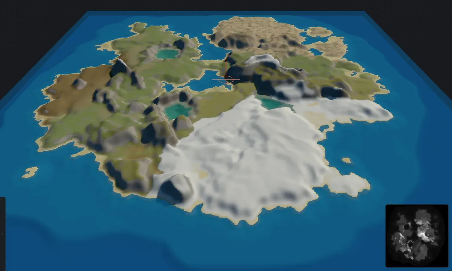 The live 3D preview in Crucible Heightmap showing a snowy mountainous Rust island as shaded 3D terrain over water