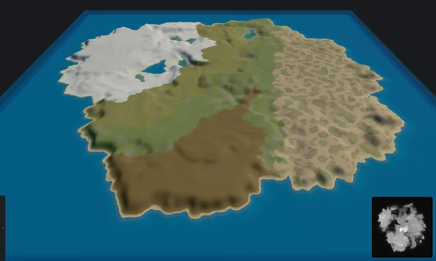 The live 3D preview in Crucible Heightmap showing a snowy mountainous Rust island as shaded 3D terrain over water