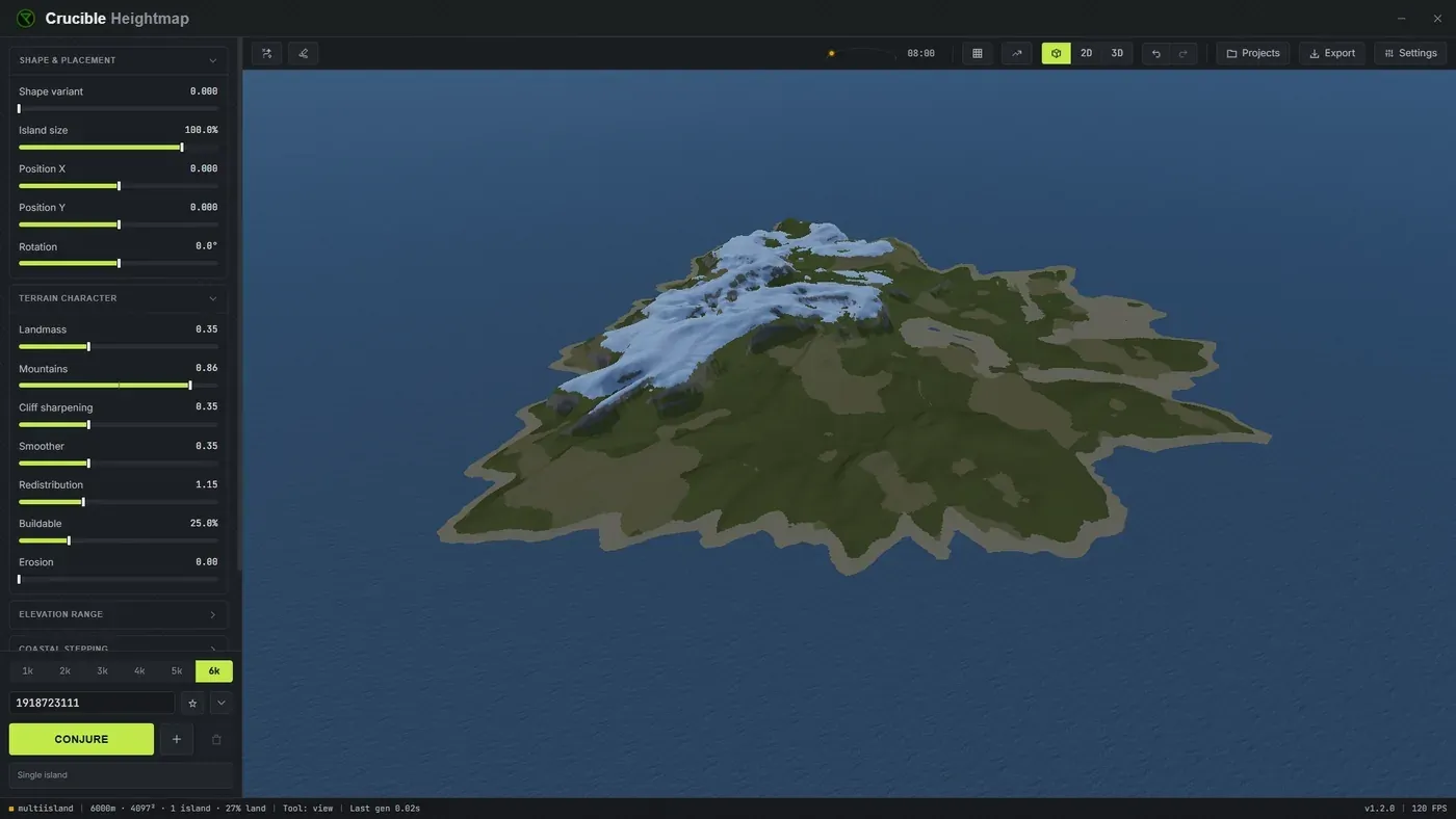 The live 3D preview in Crucible Heightmap showing a snowy mountainous Rust island as shaded 3D terrain over water
