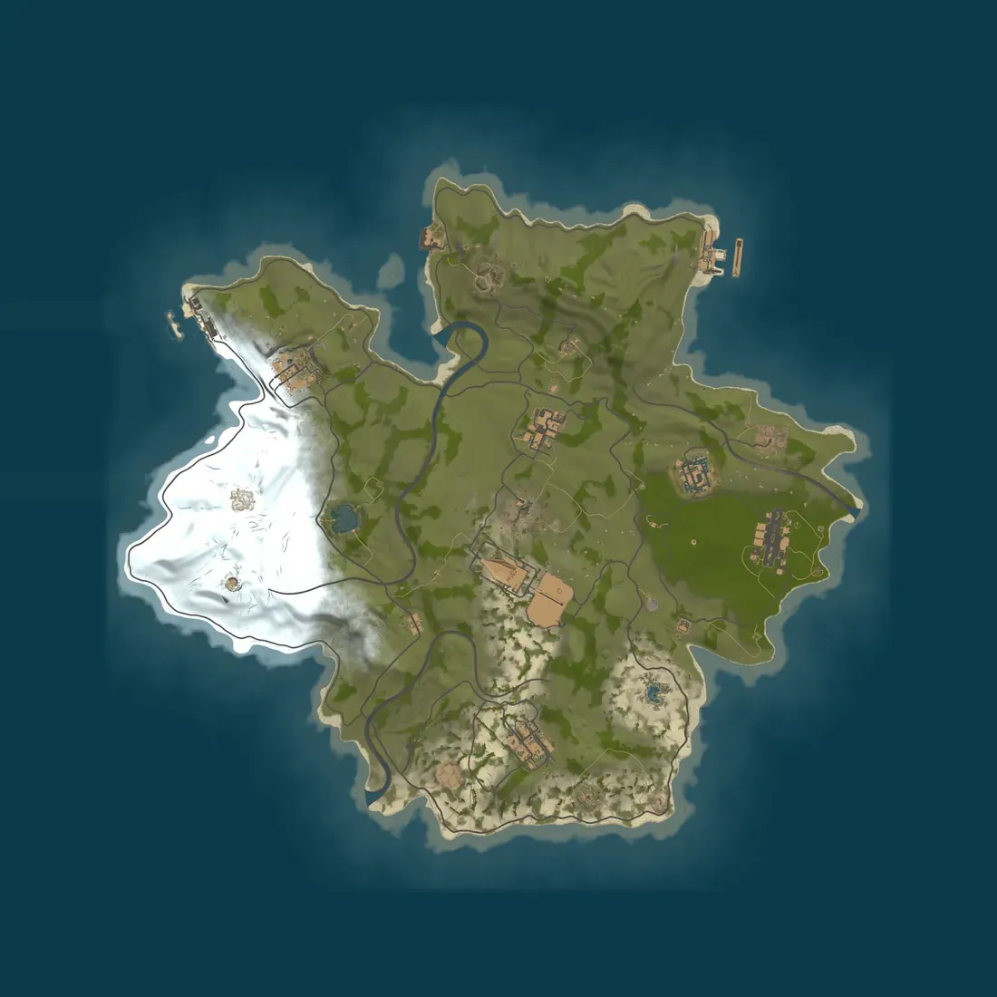 Top-down map overview of the finished custom Rust map, with monuments, roads and biomes