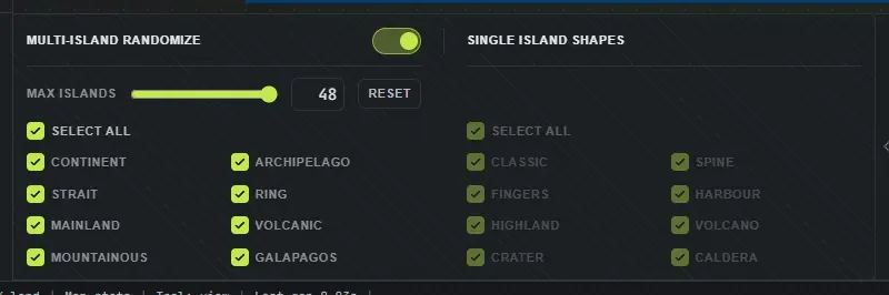 The multi-island randomizer drawer open in Crucible Heightmap, with the Multi-island randomize toggle, a Max islands slider, and the map style checkboxes