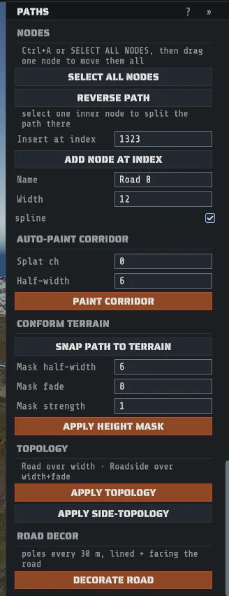 The Paths inspector with a generated road selected: its node tools, name and width, and the corridor actions below