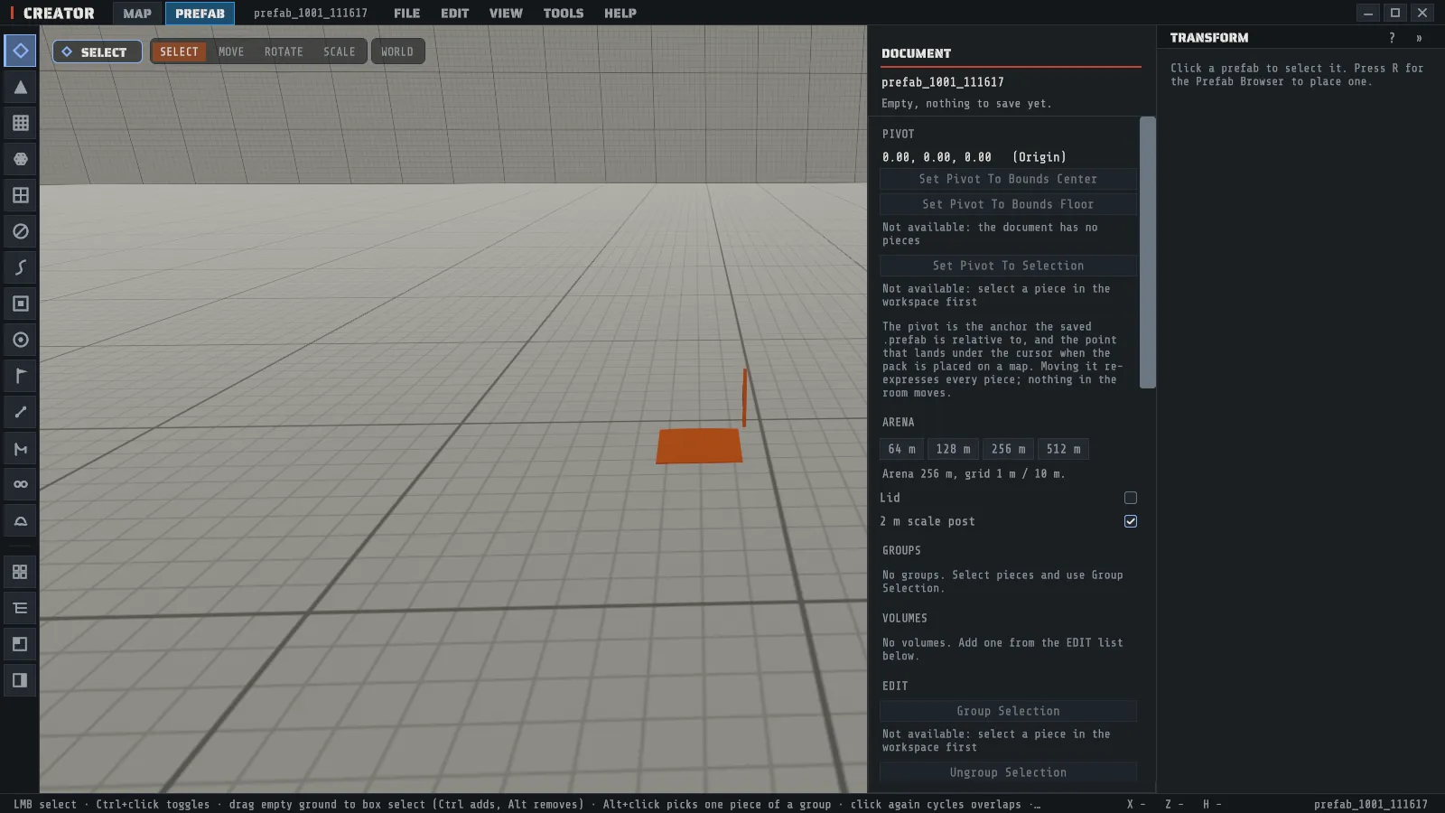The prefab workspace on an empty document: the white arena with its 1 m grid and 2 m scale post, the MAP and PREFAB mode tabs in the menu bar, the DOCUMENT panel with its pivot, arena, groups, volumes and edit blocks, and the TRANSFORM panel in the inspector dock beside it