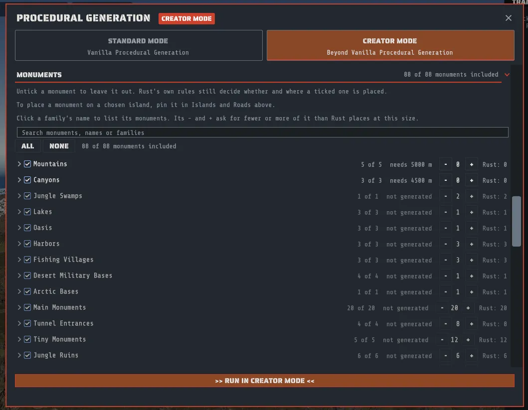 Creator Mode's MONUMENTS section: one line per family with its checkbox, how many of its monuments are ticked and its count, and the search, ALL and NONE