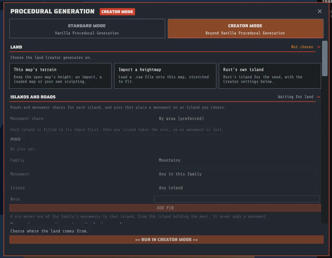 The Procedural Generation panel in Creator Mode: the red outline, the CREATOR MODE badge, and the LAND section waiting for you to choose where the land comes from