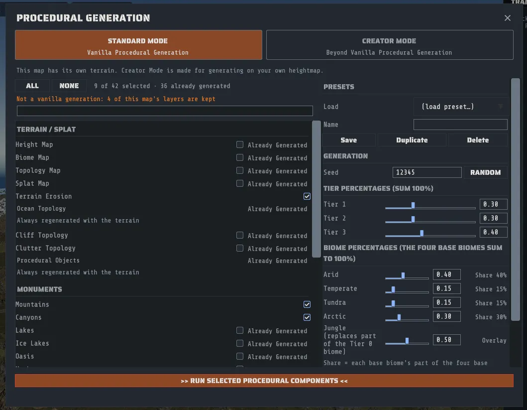 The Procedural Generation panel: the component checklist on the left, and the presets, seed and the tier and biome percentages on the right