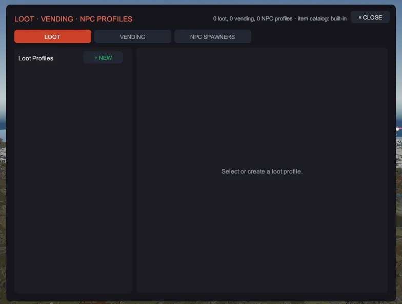 The LOOT / VENDING / NPC PROFILES window on its LOOT tab, before a profile exists: the profile list with + NEW and the detail column beside it