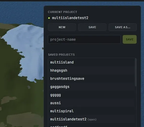 The Crucible Heightmap projects panel with New, Save and Save As actions and a list of saved .hmproj projects