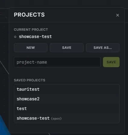 The Crucible Heightmap projects panel with New, Save and Save As actions and a list of saved .hmproj projects