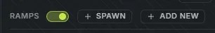 The ramp controls in the Crucible Heightmap island randomizer drawer: the Ramps switch, the + Spawn button and the + Add new button