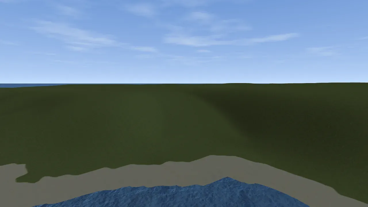 A bending beach ramp in the Crucible Heightmap in-game view, a climb cut inland from the sand