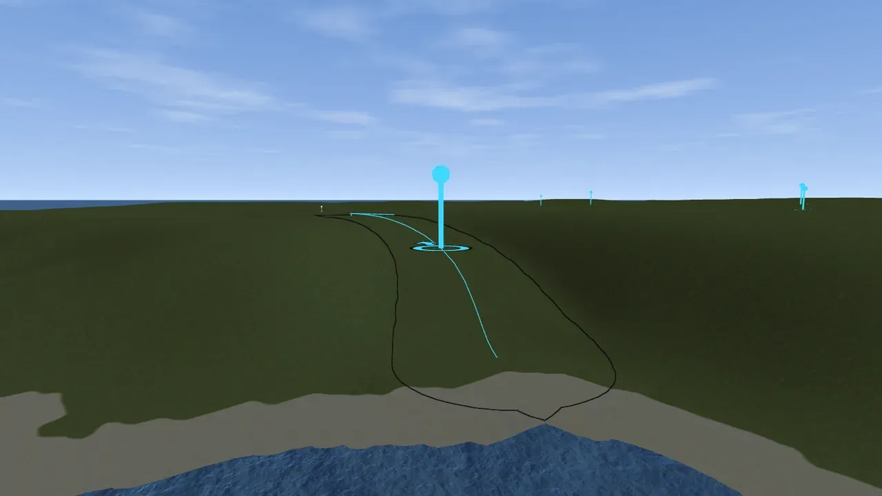 The same ramp with M on in the in-game view, its outline on the ground and its marker showing the way up