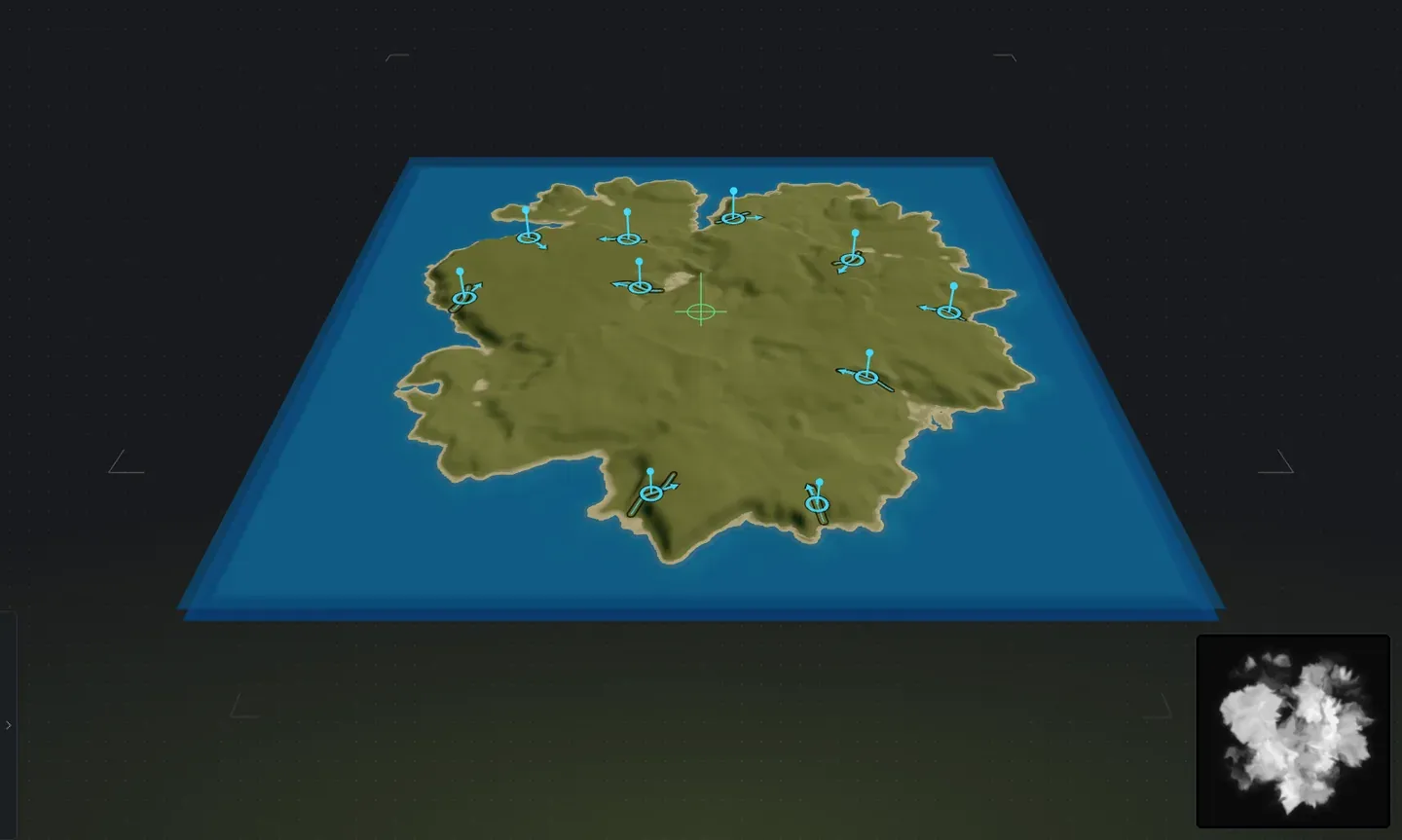 Ramp markers on a multi-island Rust map in the Crucible Heightmap 3D preview, each a ring with a handle and an arrow showing which way the ramp climbs