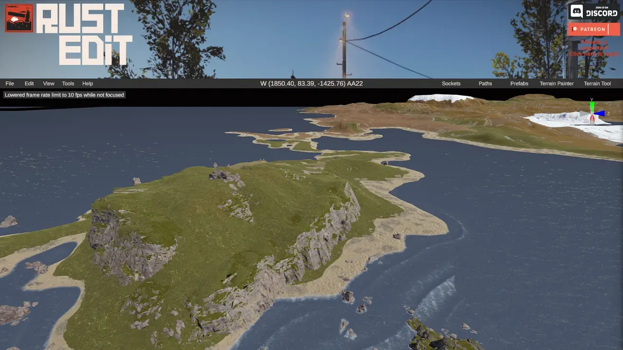 Aerial view of the custom Rust island in RustEdit after cliffs, splats and biomes