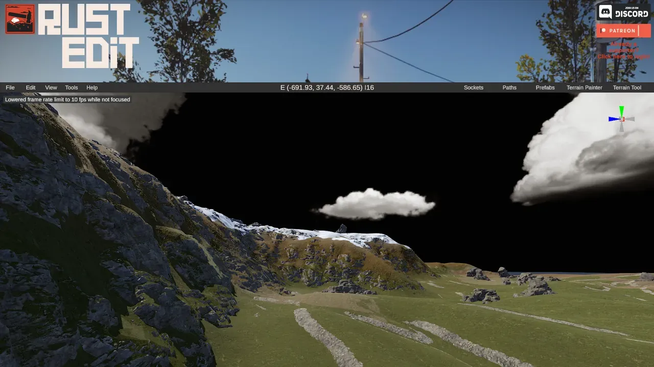 The imported terrain in RustEdit after procedural cliffs, splats and biomes, seen from ground level