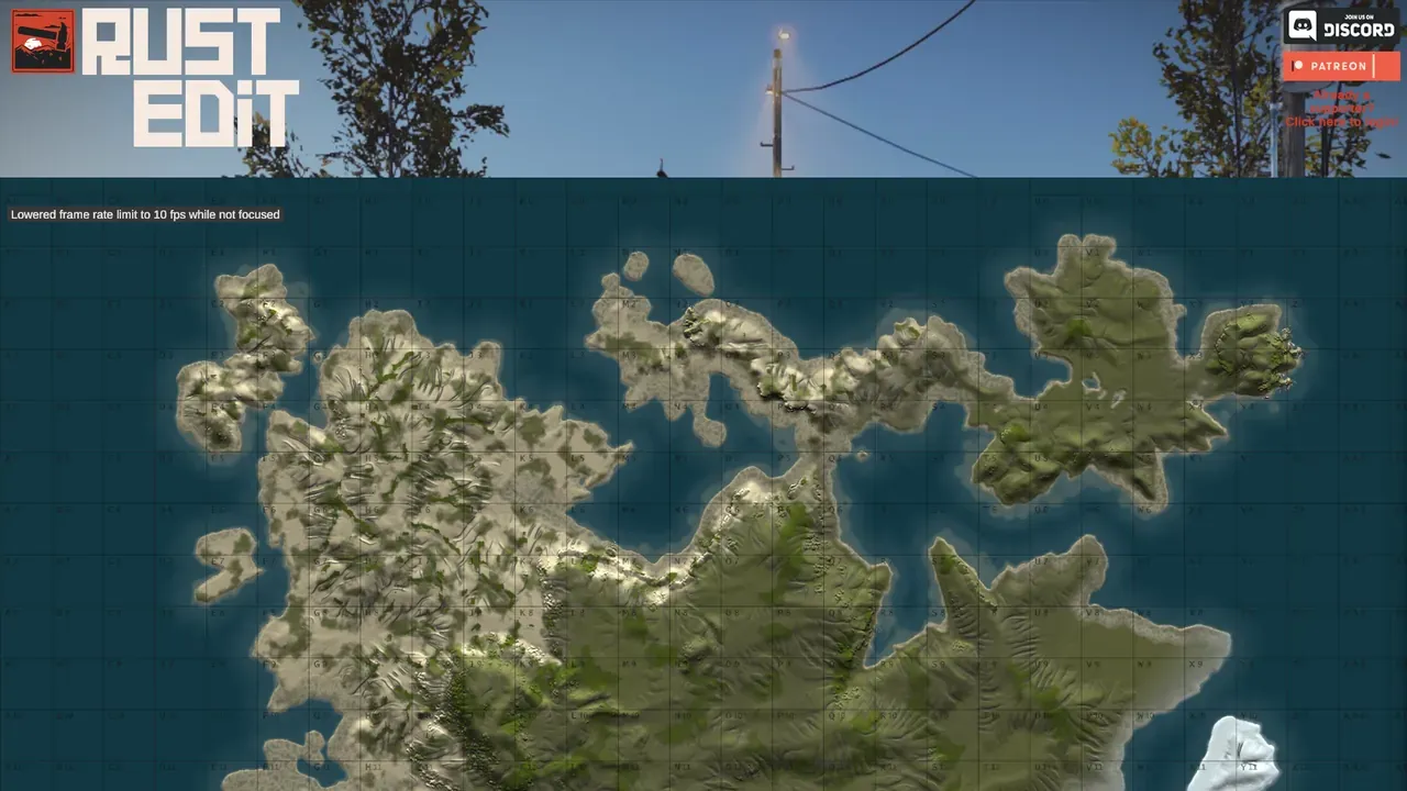 Top-down view of the finished Rust map in RustEdit after proc gen, with biomes and splat textures