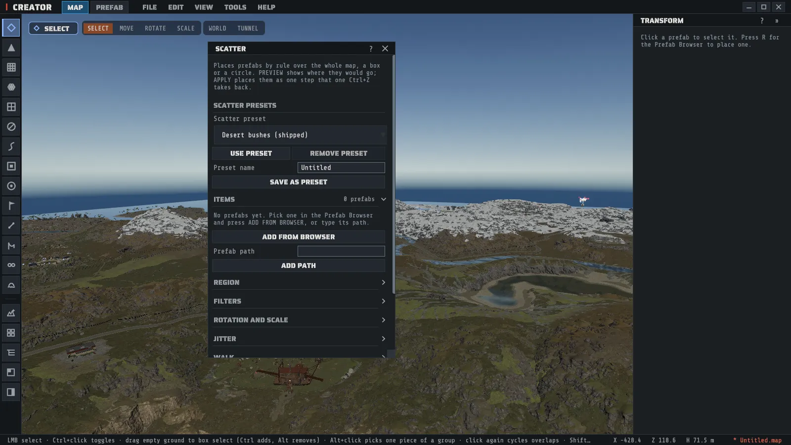 The SCATTER window open over the map as a first open leaves it: the intro line, the preset row, the items list and the folded groups down to Walk; the seed, PREVIEW, APPLY and CLEAR LAST are below them, further down the window