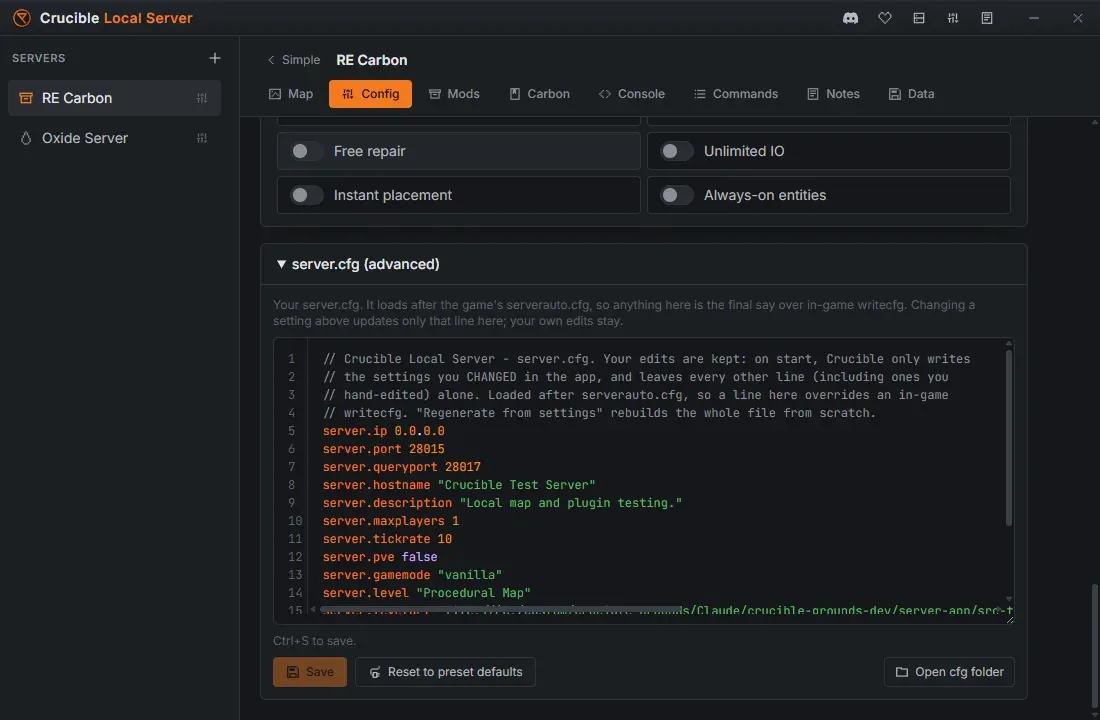 The server.cfg editor in Crucible Local Server, showing the generated config file with syntax highlighting and line numbers, with Save, Reset to preset defaults, and Open cfg folder buttons