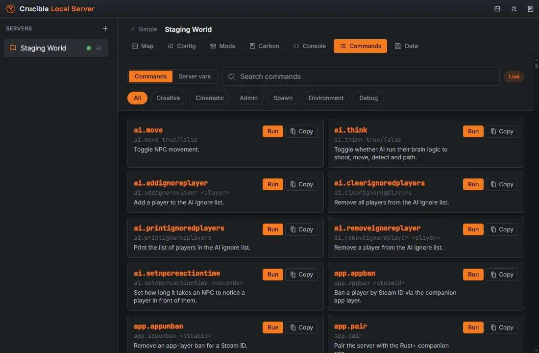 The Crucible Local Server Commands tab showing a searchable list of Rust admin commands with Run and Copy actions