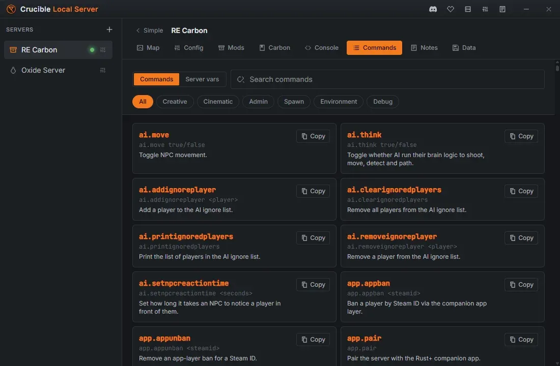The Crucible Local Server Commands tab showing a searchable list of Rust admin commands with a copy button on each entry