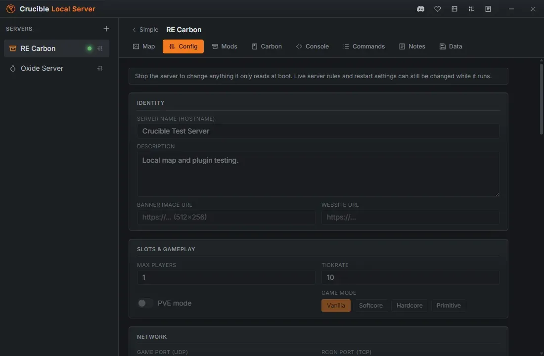 The Config tab in Crucible Local Server showing the server name, description, banner image and website fields, max players, tickrate, game mode, and the game and RCON ports