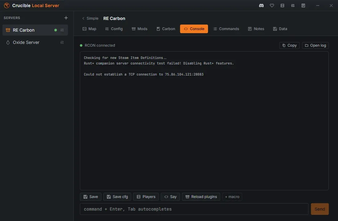 The Console tab in Crucible Local Server, streaming a live Rust server boot log over web-RCON with a connected status, quick action buttons and a command input