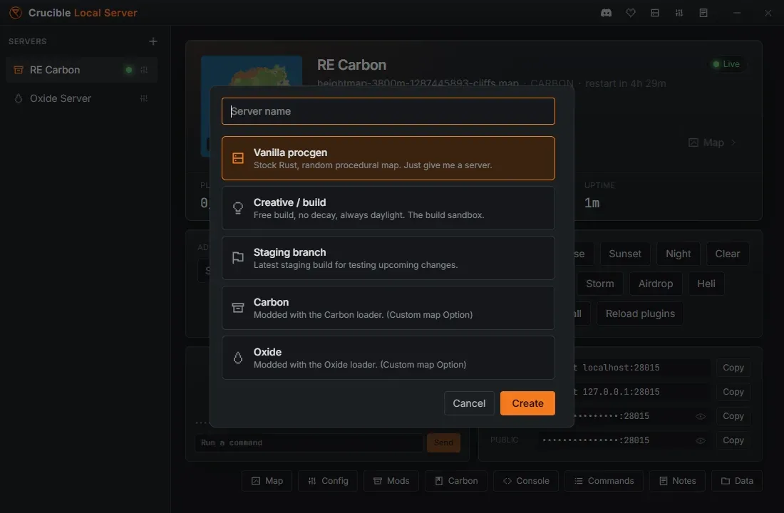 The Crucible Local Server create-server flow showing the preset picker with its five choices: Vanilla procgen, Creative / build, Staging branch, Carbon, and Oxide