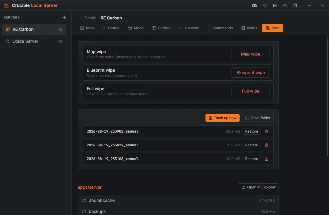 The Data tab in Crucible Local Server, showing map, blueprint and full wipe options, a backups list with a restore button, and the confined file browser with folder sizes