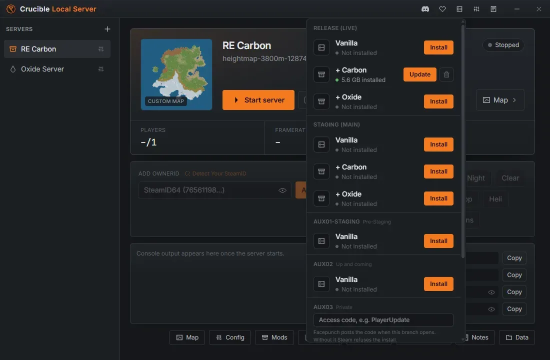 The Installs dropdown in Crucible Local Server, listing the release branch with vanilla, Carbon and Oxide installs and their sizes, the staging branch, and the aux dev branches
