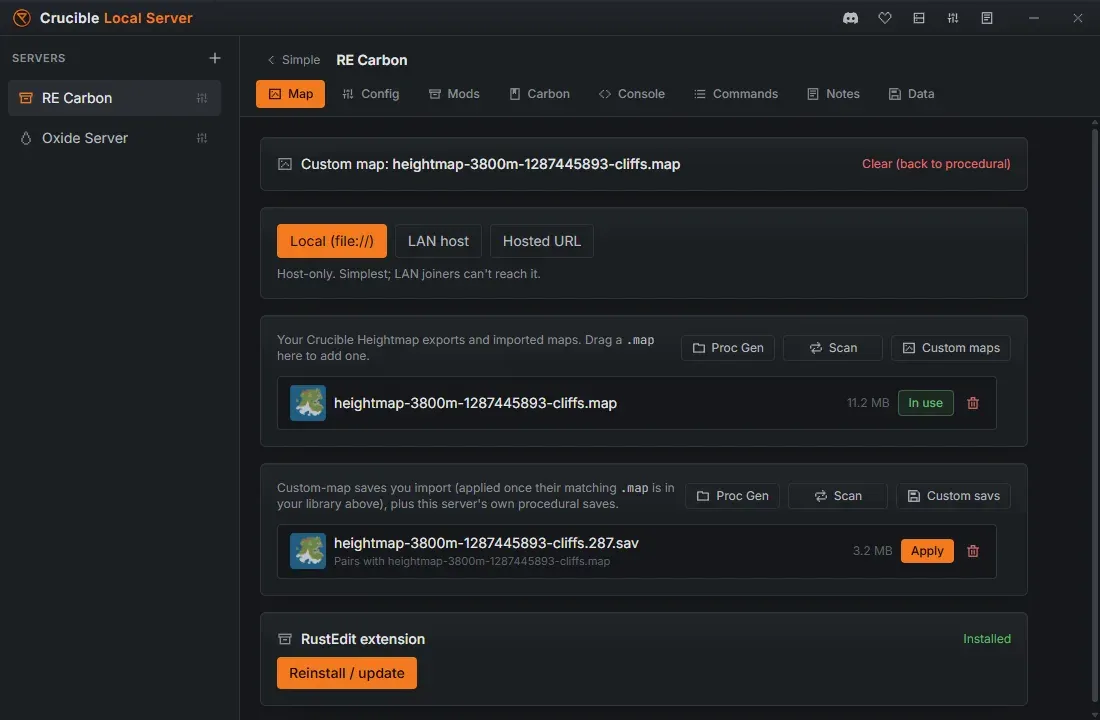 The Map tab in Crucible Local Server, showing an assigned custom map, the delivery options, the maps library, and a saved worlds library with a .sav paired to its map and an Apply button