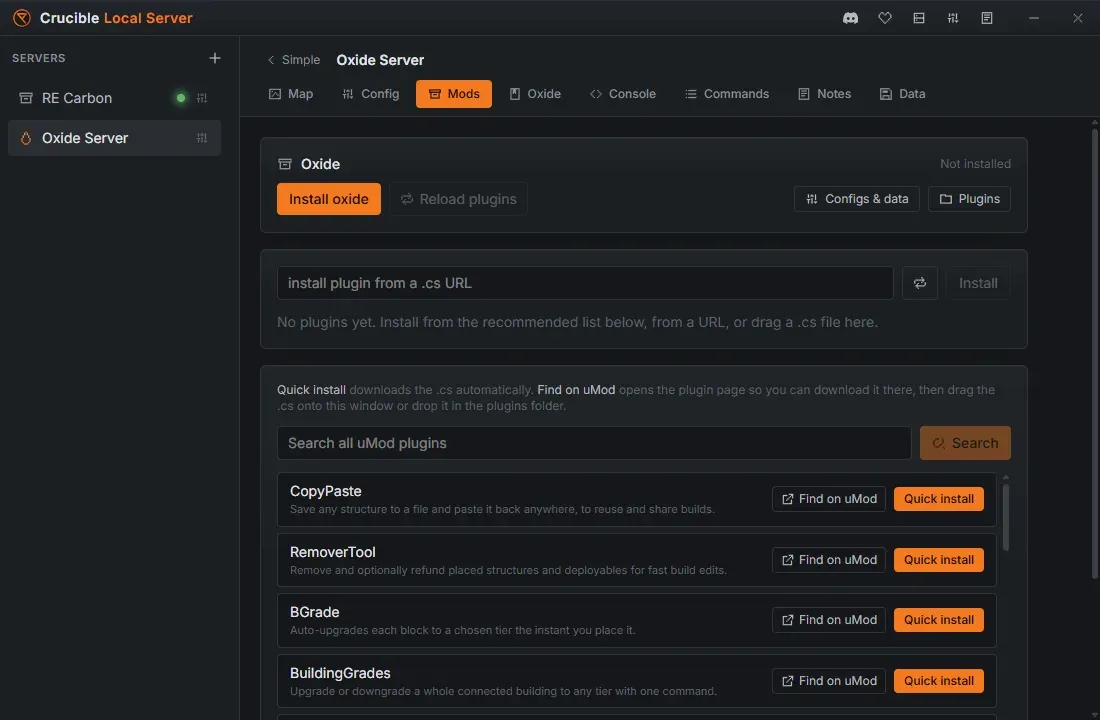 The Crucible Local Server Mods tab showing the Carbon install controls and the plugin browser