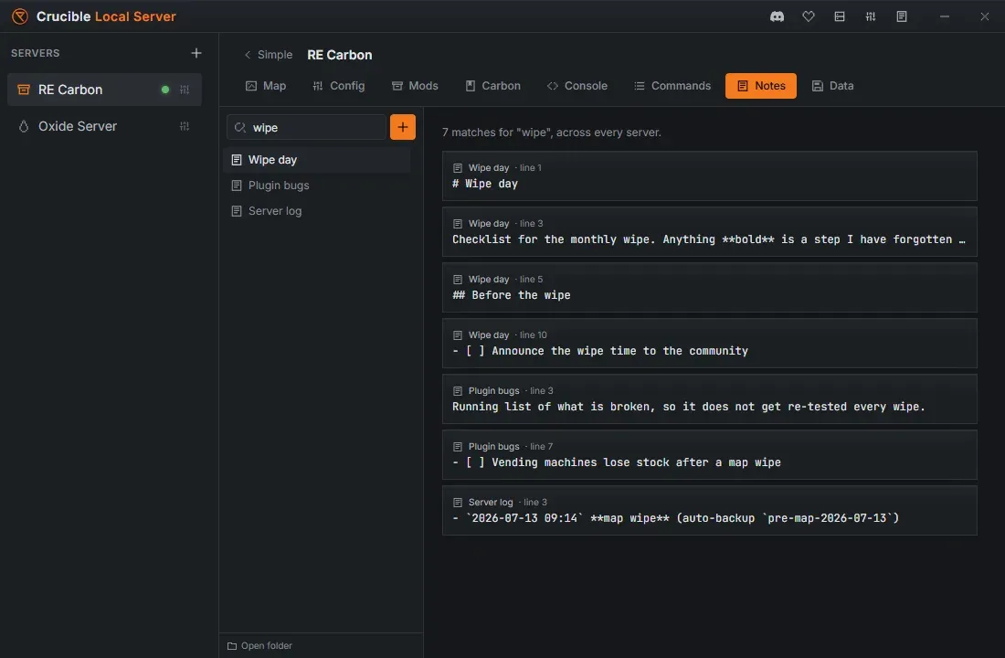 Search results in Crucible Local Server notes, showing matches for a search term across pages, with the page name and line number for each hit