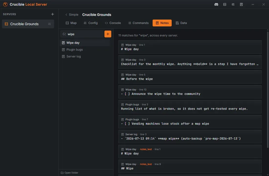 Search results in Crucible Local Server notes, showing matches for a search term across pages, with the page name and line number for each hit