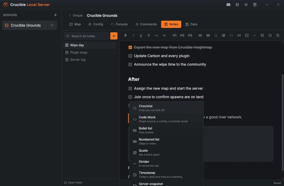 The slash menu open in a Crucible Local Server note, listing block options including checklist, code block, quote, divider, timestamp and server snapshot