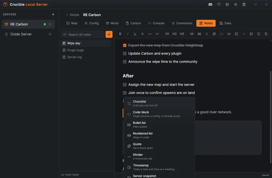 The slash menu open in a Crucible Local Server note, listing block options including checklist, code block, quote, divider, timestamp and server snapshot