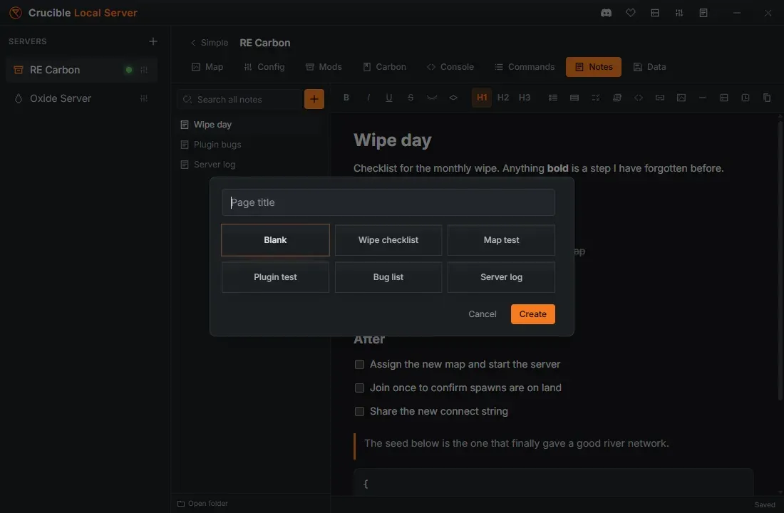 The new-page dialog in Crucible Local Server, showing the six page templates: Blank, Wipe checklist, Map test, Plugin test, Bug list and Server log