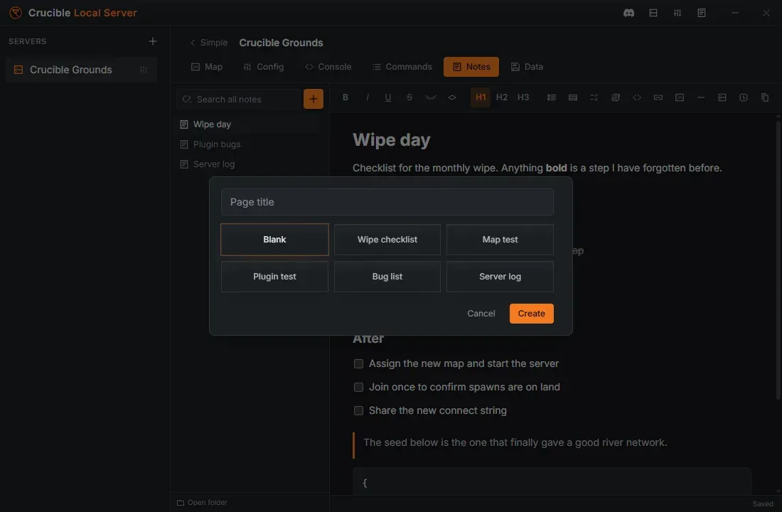 The new-page dialog in Crucible Local Server, showing the six page templates: Blank, Wipe checklist, Map test, Plugin test, Bug list and Server log