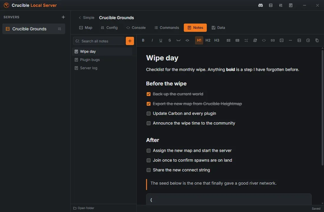 The Notes tab in Crucible Local Server, showing a wipe-day checklist page with ticked checkboxes, a quote and a JSON code block, next to the page list