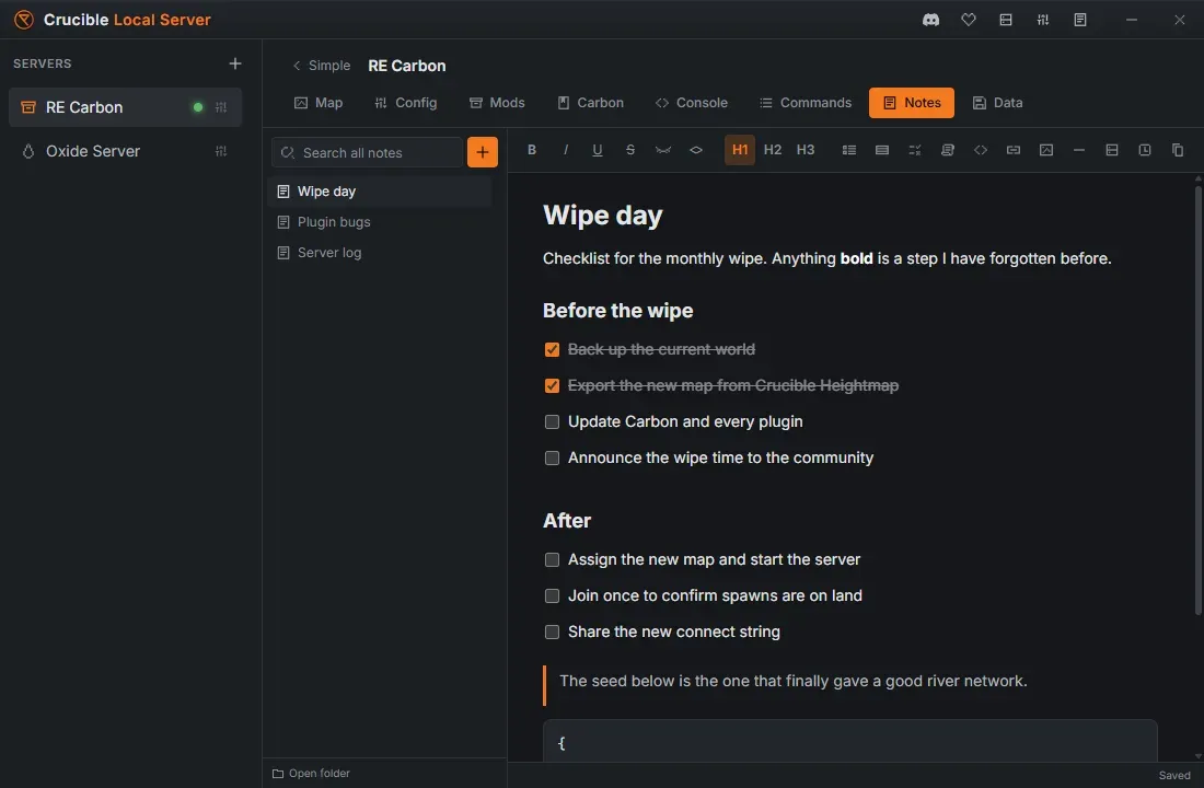 The Notes tab in Crucible Local Server, showing a wipe-day checklist page with ticked checkboxes, a quote and a JSON code block, next to the page list