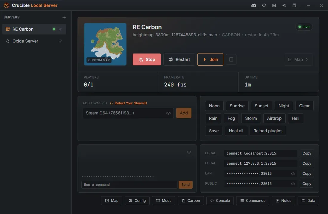 Crucible Local Server Quick view showing a top-down Rust map preview, a Start server button, and live server stats