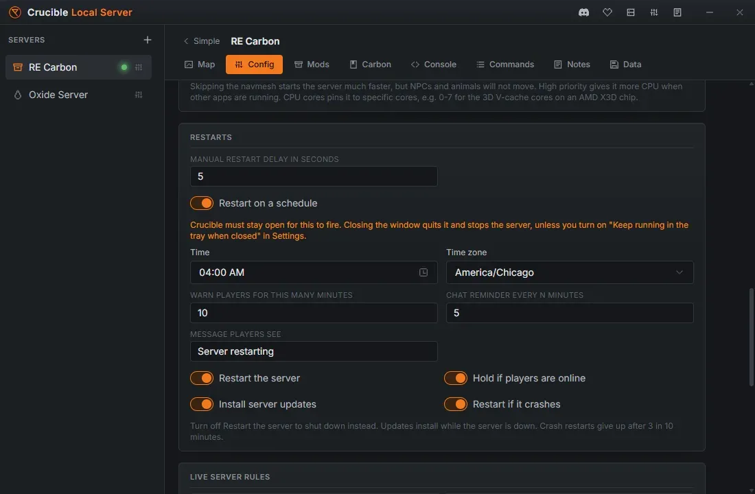 The Restarts section of the Config tab in Crucible Local Server, with a daily schedule, a time zone, a player warning, chat reminders, and toggles for updating on restart, holding while players are online, and restarting after a crash