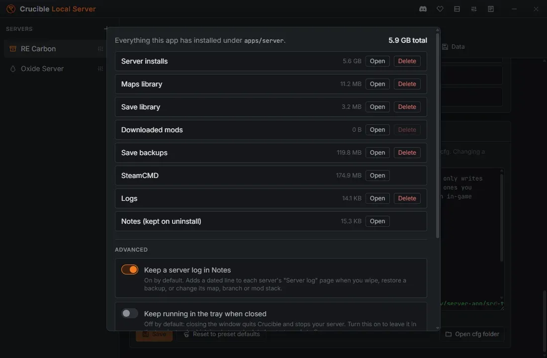 The Crucible Local Server settings panel, showing disk usage for server installs, maps, saves, backups, SteamCMD, logs and notes, and the toggles for the notes journal, keeping the app in the tray, updating server files on start, and running multiple servers at once
