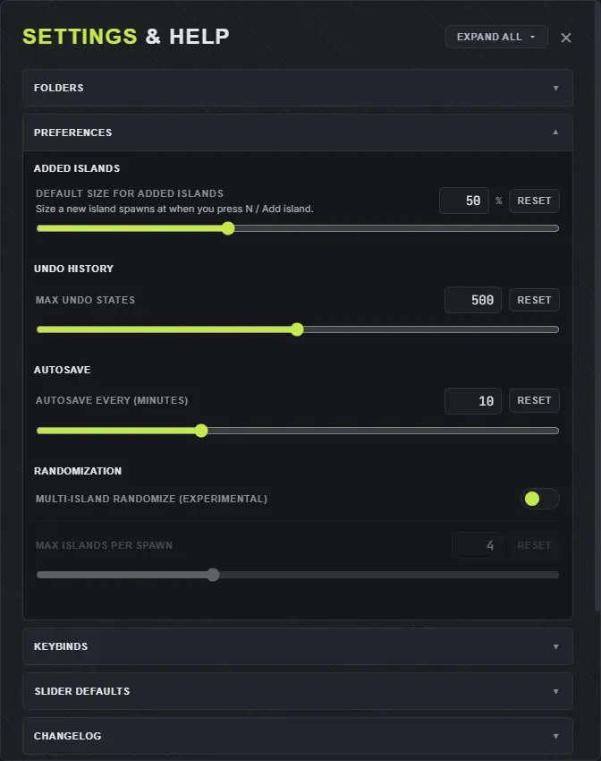 The Crucible Heightmap Settings and Help dialog with the Preferences section expanded, showing added island size, undo history, autosave and randomization options