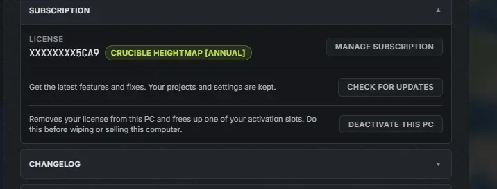 The Subscription section of Crucible Heightmap settings: a masked license key with the plan chip, Manage subscription, Check for updates, and Deactivate this PC