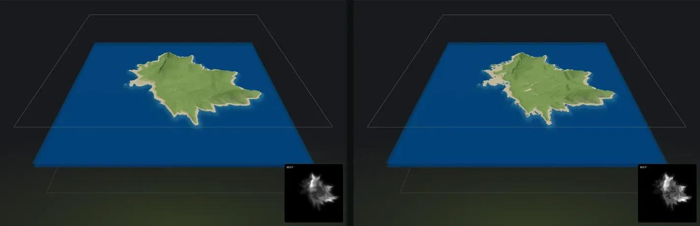 Buildable slider comparison in Crucible Heightmap: low gives wild vertical terrain, high gives more flat base-friendly ground